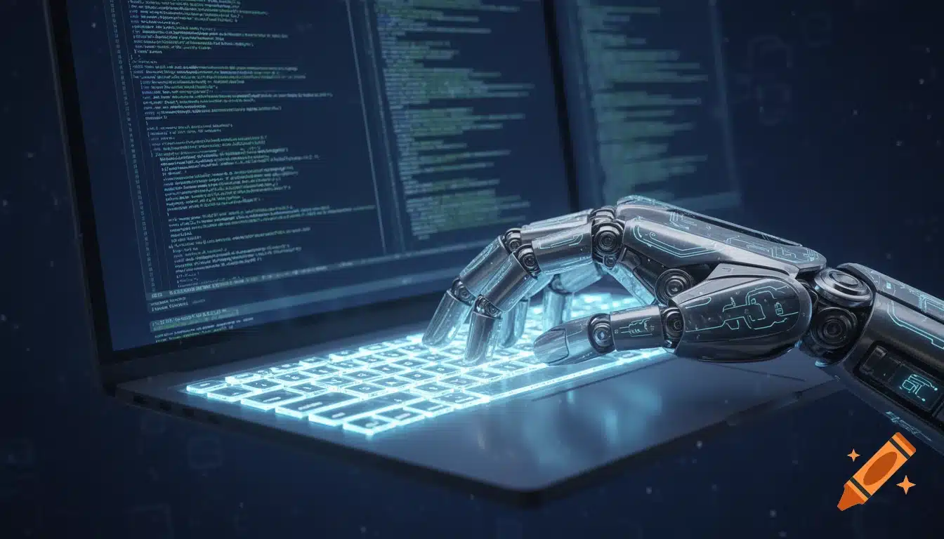 Mano robótica tecleando en teclado holográfico representando la capacidad Computer Use de Claude Sonnet 4.6 para automatizar tareas en computadora