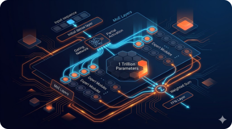 Diagrama de arquitectura Mixture of Experts (MoE) de DeepSeek V4 mostrando 1 billon de parametros con activacion parcial