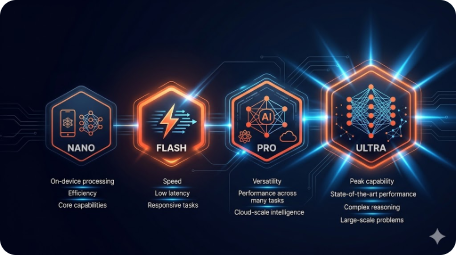 Diagrama visual de la familia de modelos Gemini mostrando versiones Nano Flash Pro Ultra con sus capacidades