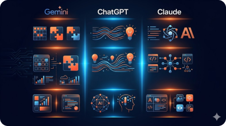 Infografia comparativa de Gemini vs ChatGPT vs Claude mostrando fortalezas de cada plataforma de IA
