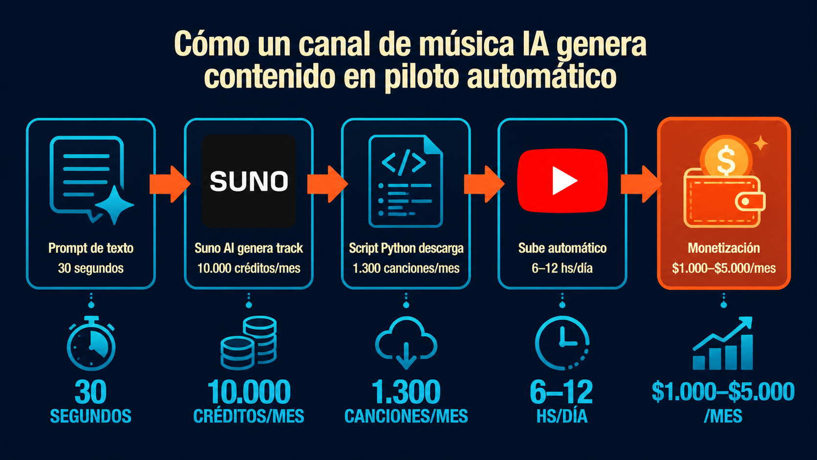 Cómo la IA genera 6 horas de música diaria en YouTube 2 canales de música ia diagrama explicativo