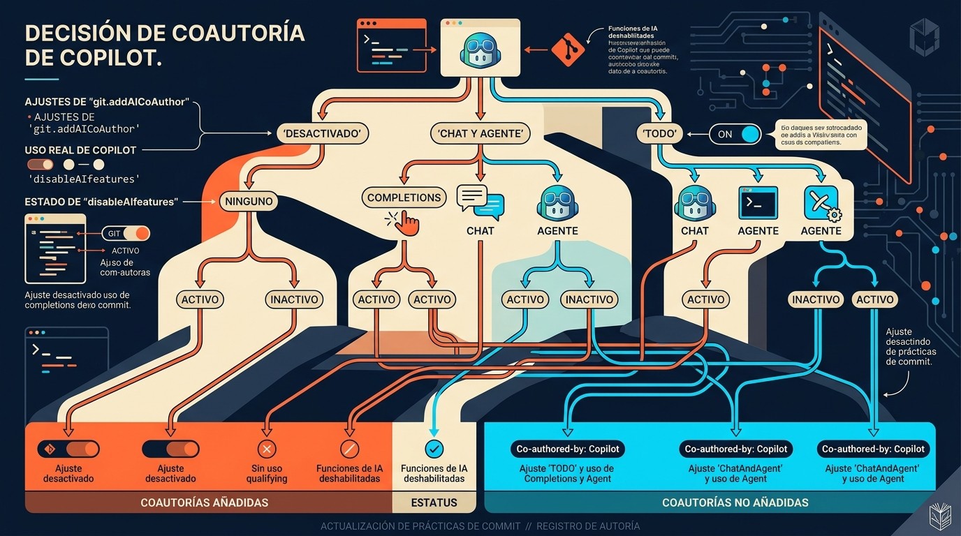 copilot atribución commits diagrama explicativo
