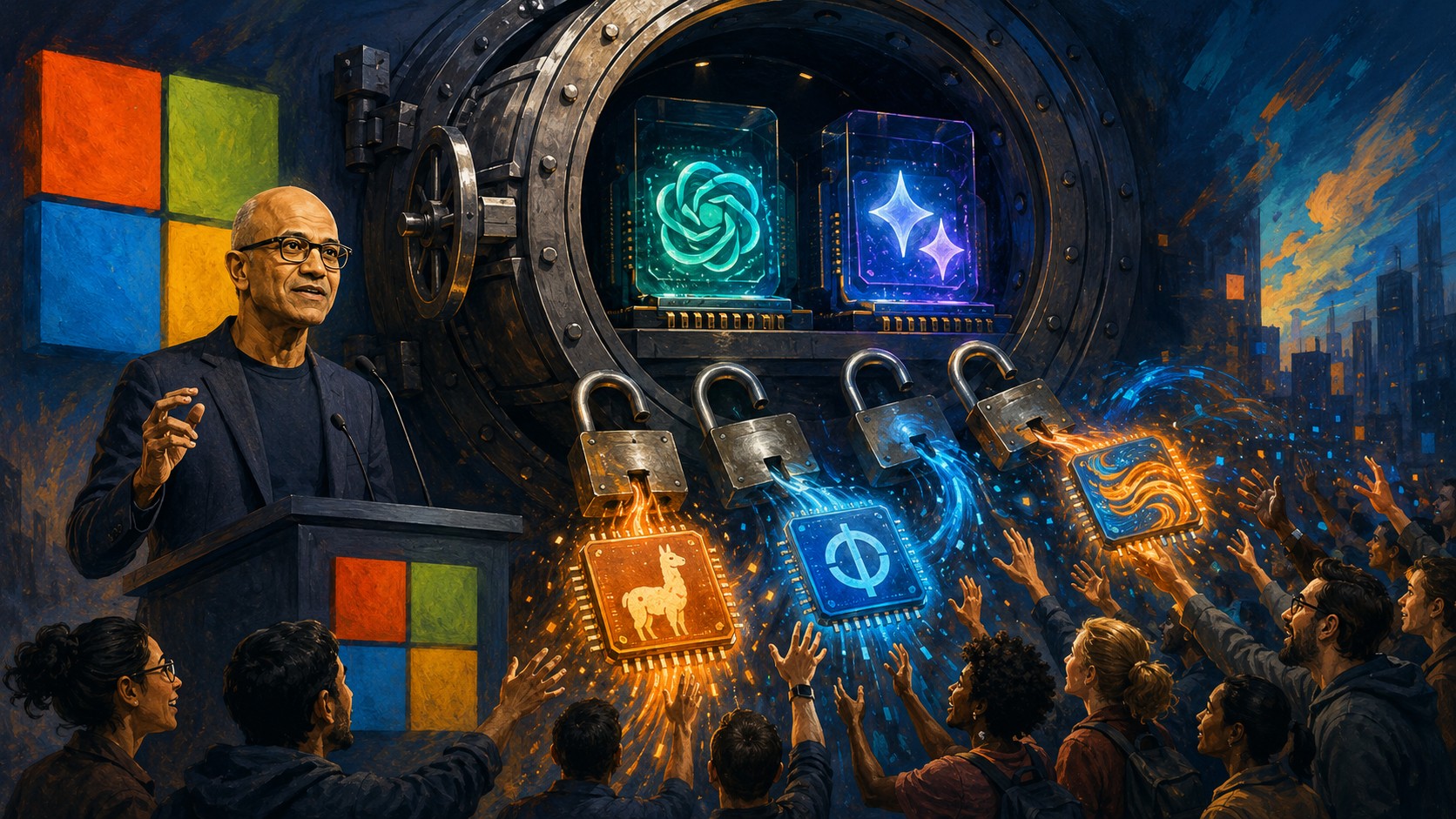 'You can't call it progress': Microsoft CEO Satya Nadella warns against concentration of AI power - ilustracion