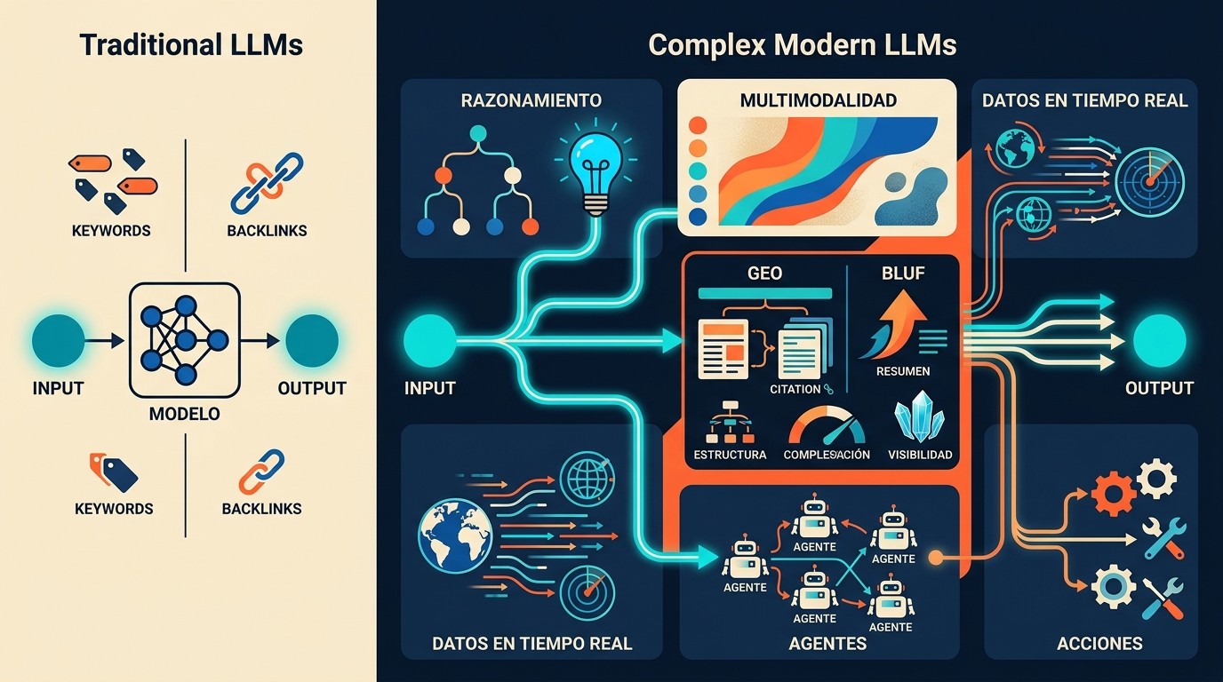 LLMs complejos ahora: por qué tu contenido es invisible 2 LLMs complejos ahora diagrama explicativo