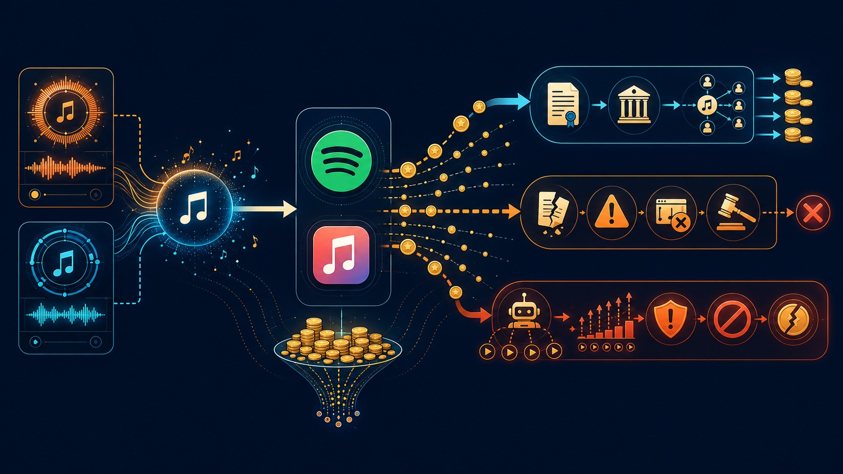 Monetizar música IA en Spotify: ¿negocio o fraude 2 música IA monetización diagrama explicativo