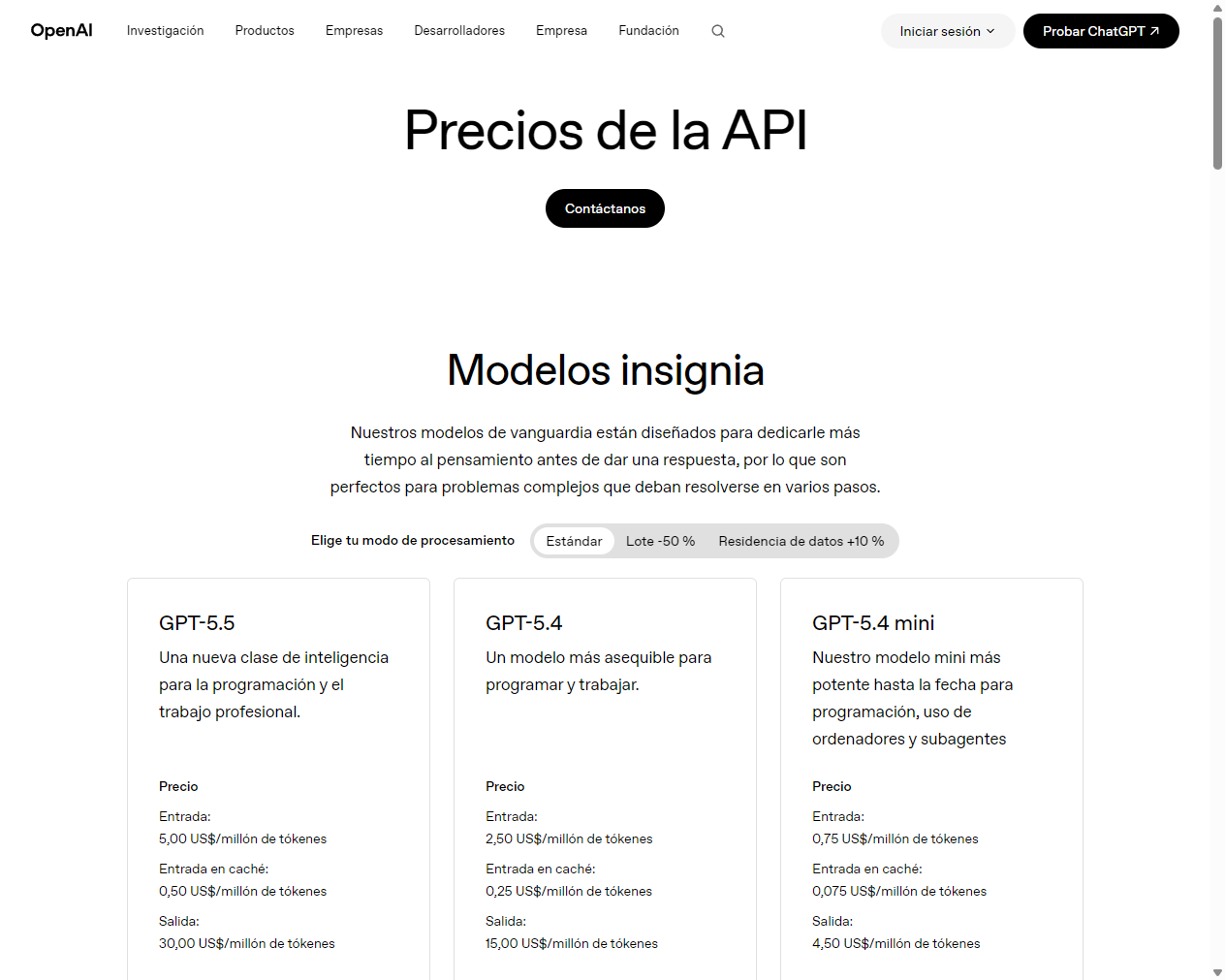 Precios oficiales de Openai