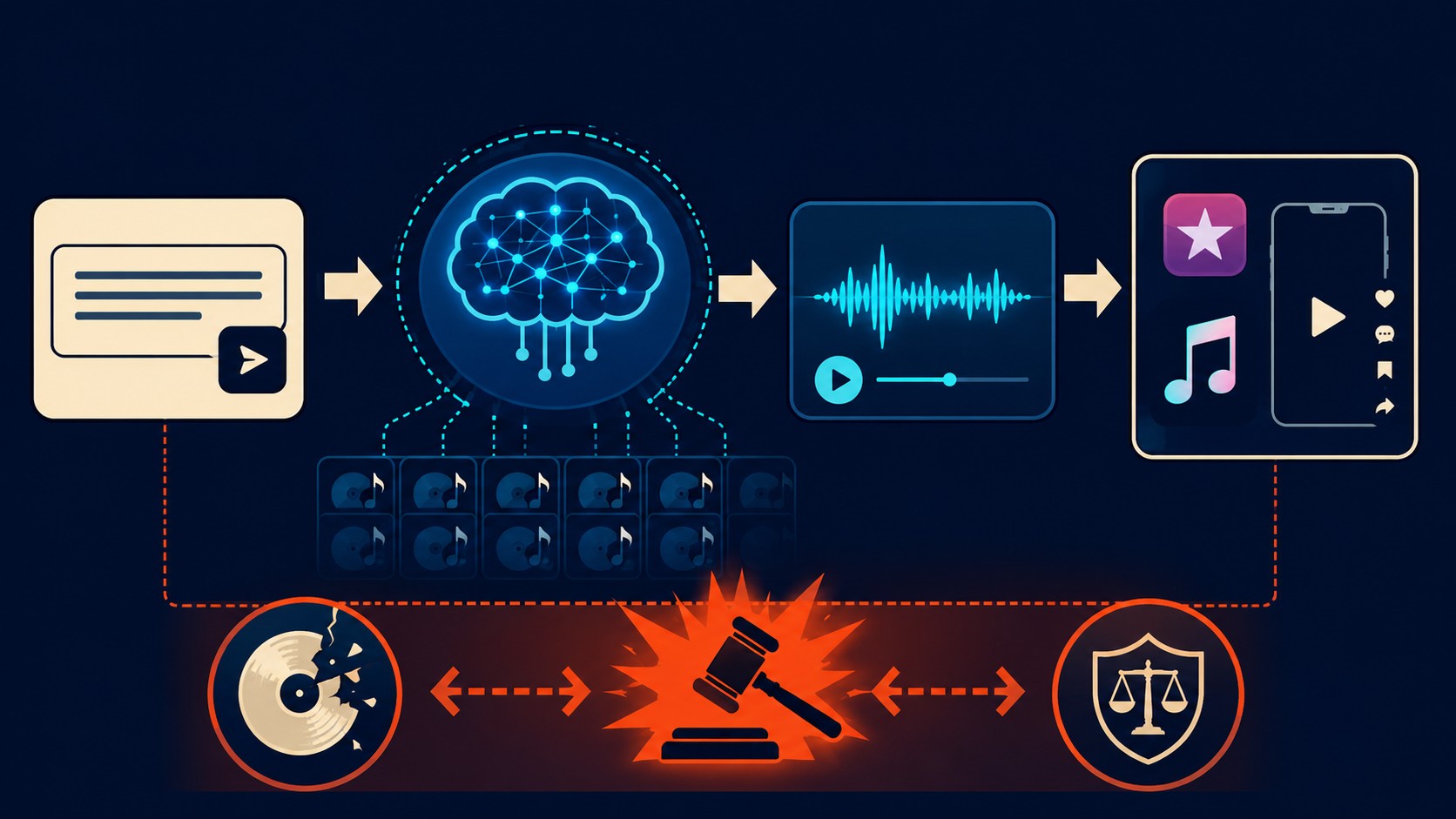 Suno AI: USD 5.400M y demandas por 21 millones de canciones 2 música con inteligencia artificial diagrama explicativo