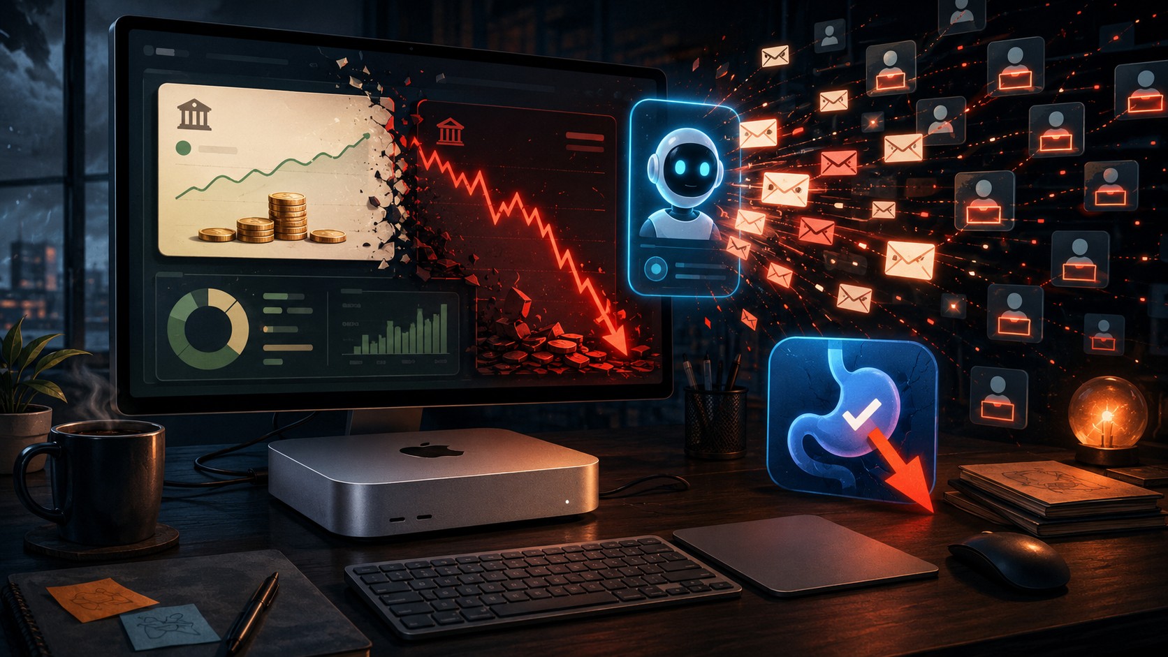 Un agente de IA manejó un negocio y perdió USD 447 1 Un agente de IA manejó un negocio y perdió USD 447 - A Mac mini on a desk connected to a business dashboard showing a bank balance dropping from $250