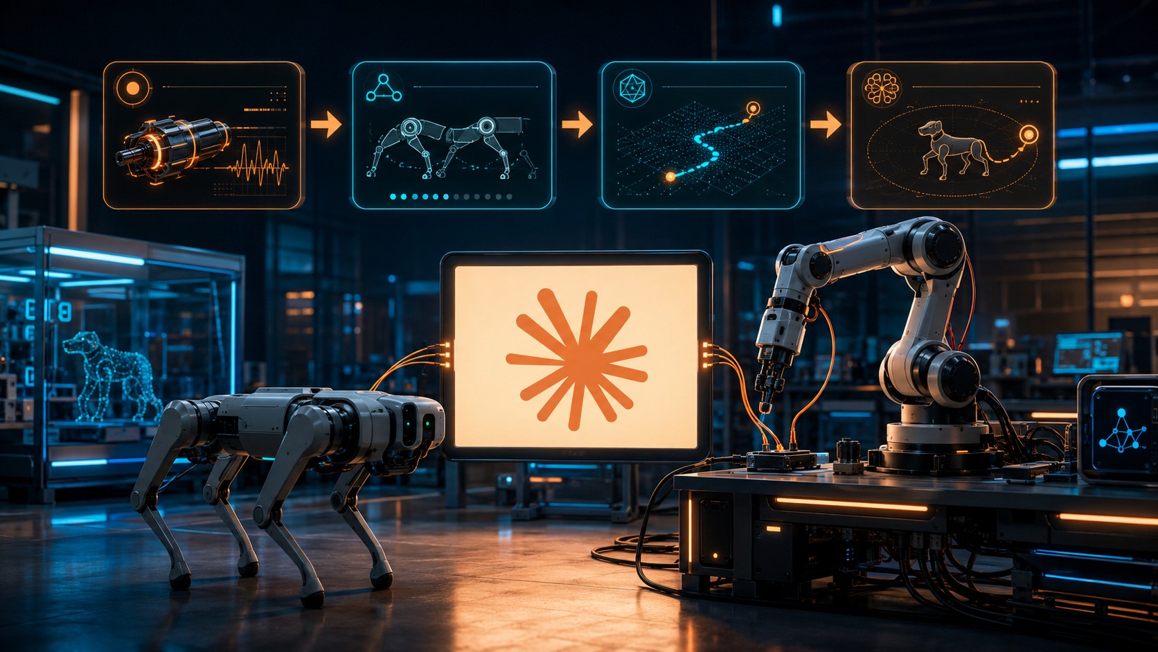 Agentes de IA para robots: qué probó Claude en 2026 - A four-legged Unitree Go2 robot dog standing in a research lab next to a robotic arm, both wired