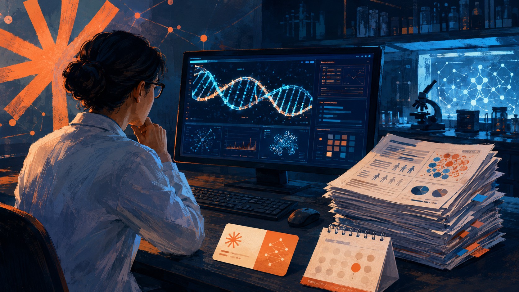 Anthropic da USD 50.000 en créditos de Claude a científicos 1 Anthropic da USD 50.000 en créditos de Claude a científicos - A researcher in a lab coat at a desk reviewing a DNA double helix diagram on a monitor n