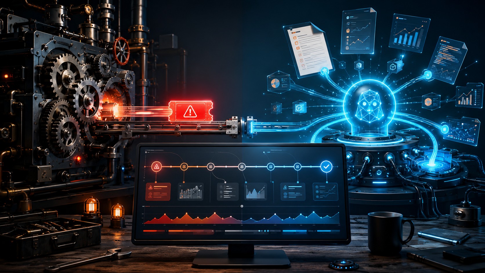 APIs vs MCP: dónde encaja cada una en 2026 - A split workbench scene: on the left a labeled 'API' gear box firing a deterministic red alert ticket alo
