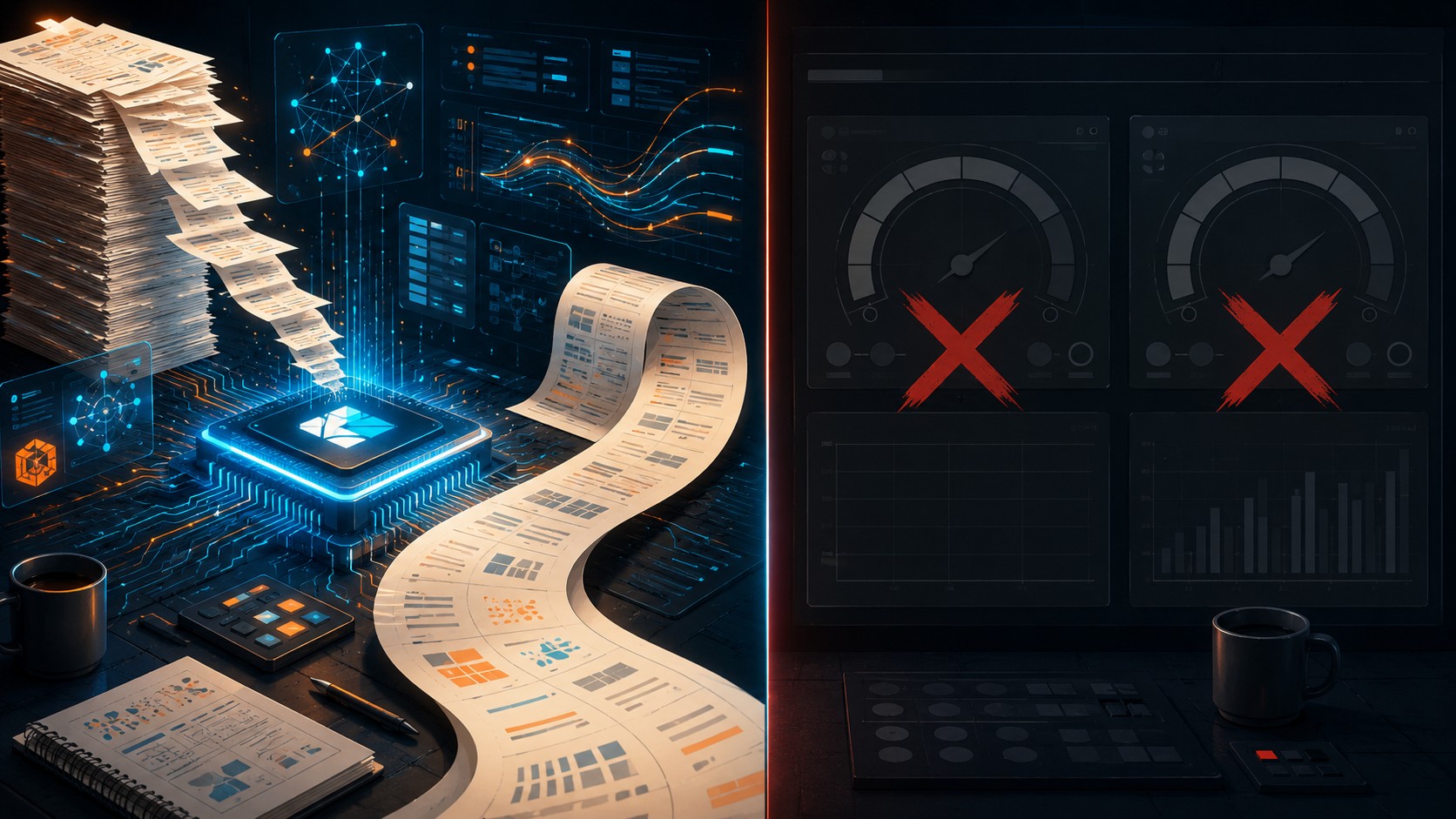 Automatización SEO con Kimi K3: qué hace y qué no en 2026 - A split-screen developer workbench: on one side a glowing chip labeled 'Kimi K3' ingesting