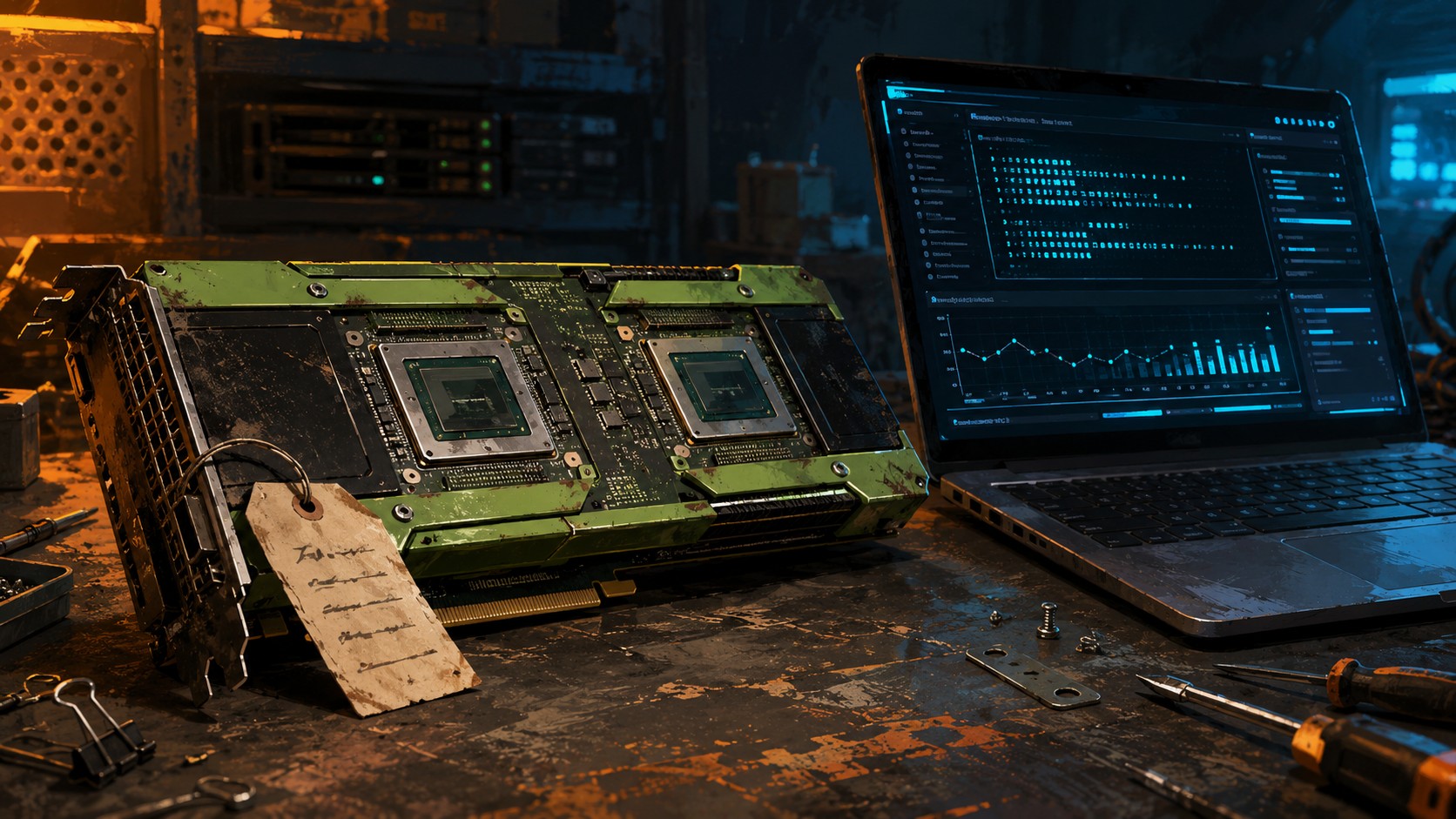 GPUs e-waste para IA: qué rinden de verdad en 2026 - An old dusty green Nvidia Tesla K80 datacenter GPU card with dual chips, sitting on a workbench n