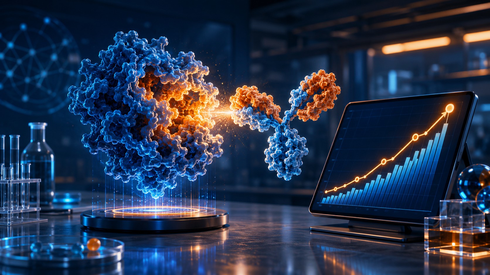 Chai Discovery IA diseño de moléculas: USD 400M - A glowing 3D protein target with a newly generated antibody molecule snapping into place like a puzz