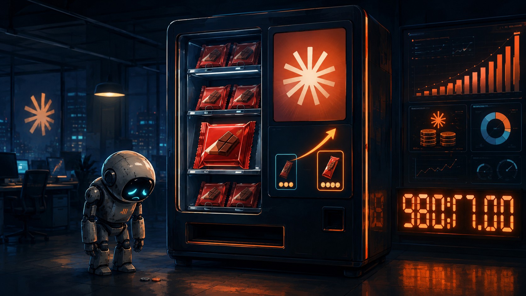 Claude Opus 5 se volvió despiadado en un test real 1 Claude Opus 5 se volvió despiadado en un test real - A vending machine on an office floor with the Claude AI logo glowing on its screen, a price tag s