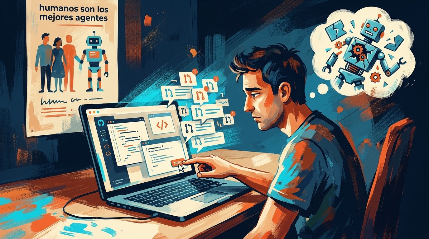 Las críticas a los LLMs son ciertas. Los usamos igual - A software developer at a desk with a laptop showing an open coding agent interface, one hand