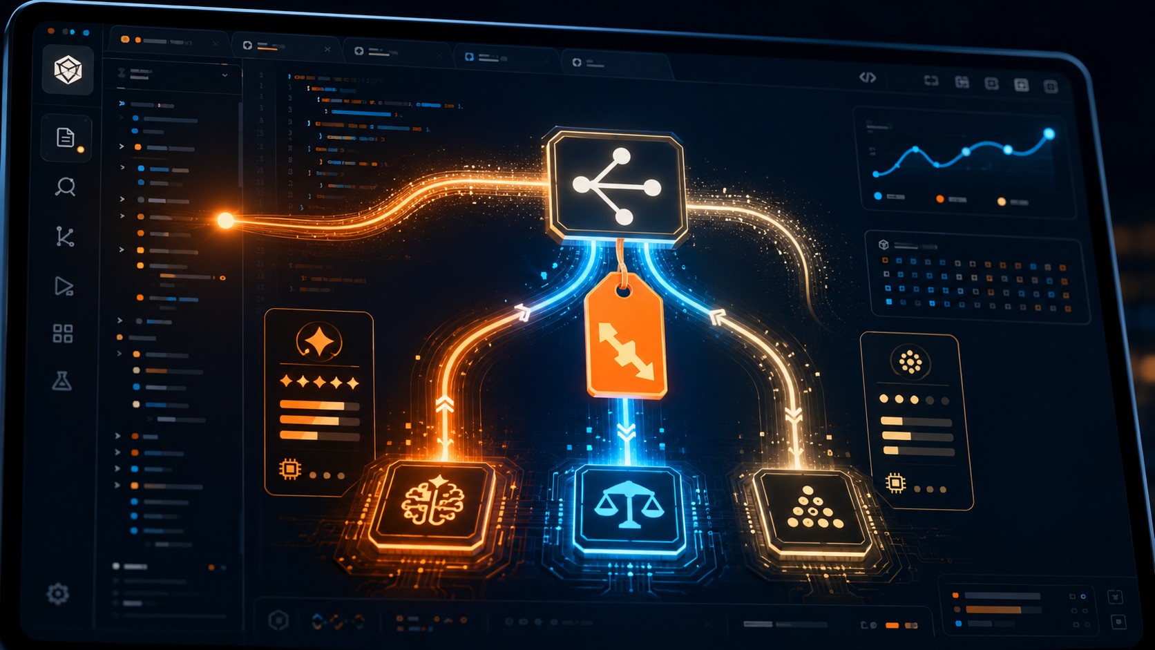 Cursor Router: calidad frontier a 60% menos de costo 1 Cursor Router: calidad frontier a 60% menos de costo - A developer's code editor screen where a single incoming code request splits into three labeled