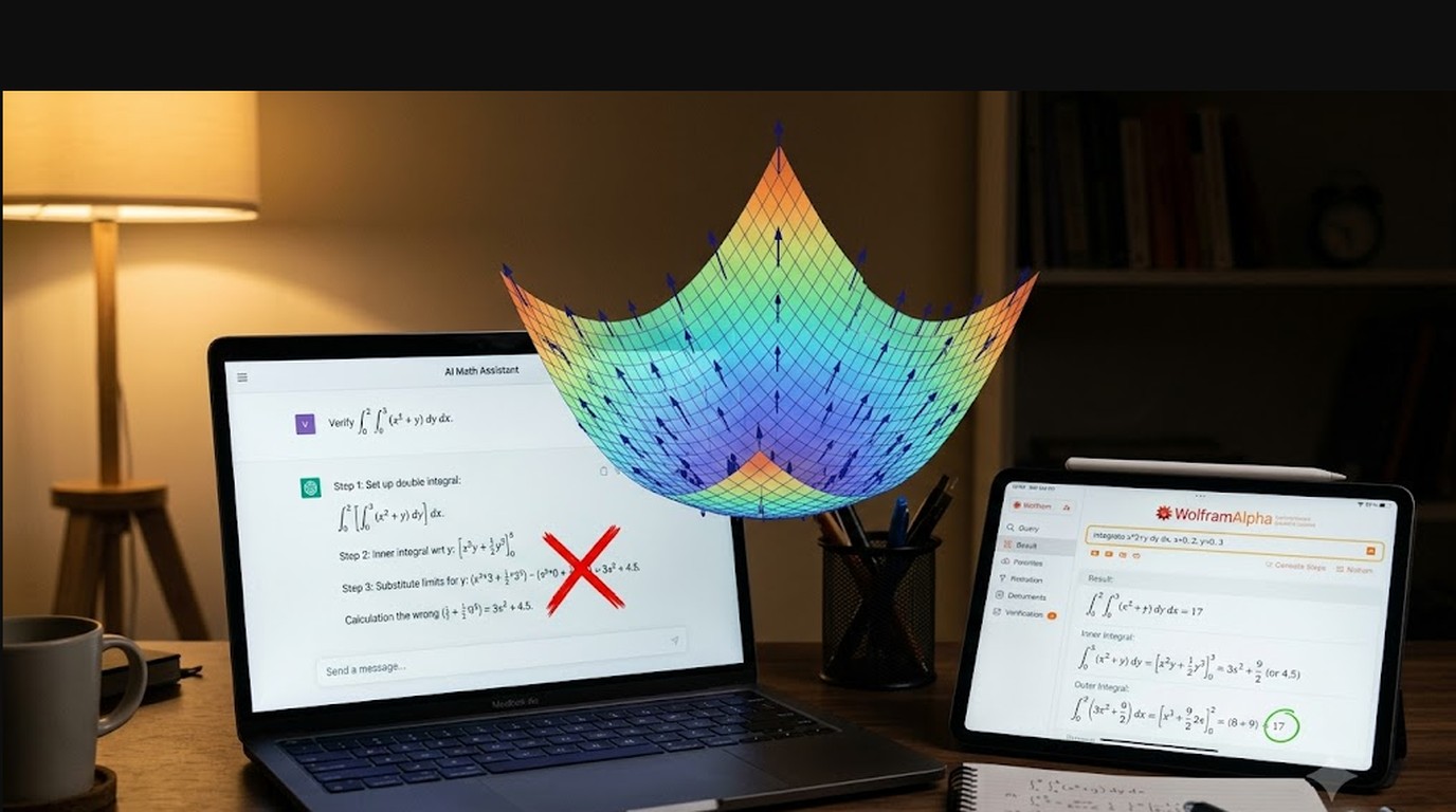 Cursos de cálculo multivariable con IA: qué sirve en 2026 1 Cursos de cálculo multivariable con IA: qué sirve en 2026 - A 3D mathematical surface with gradient vector arrows floating above a laptop screen showi