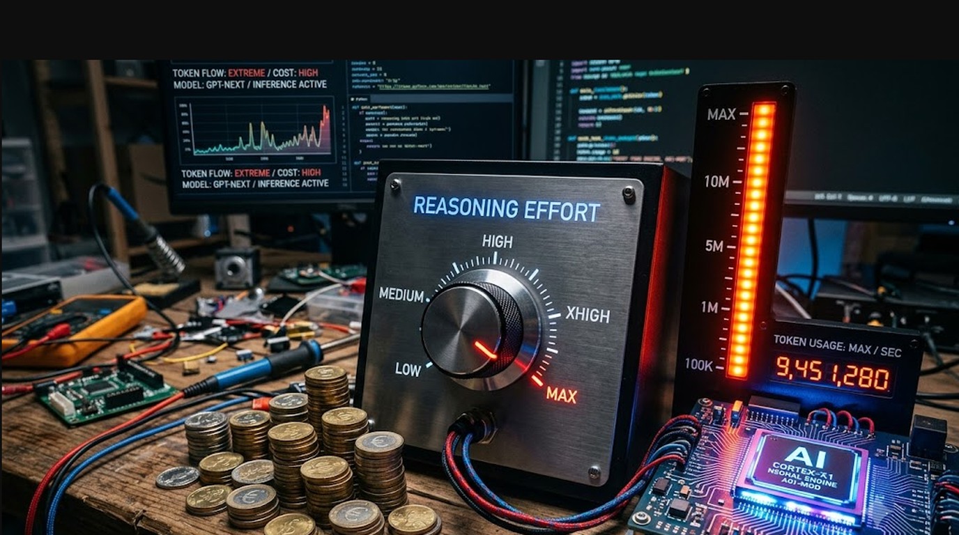 Esfuerzo de razonamiento en LLMs: cuándo usar cada nivel 1 Esfuerzo de razonamiento en LLMs: cuándo usar cada nivel - A control knob or dial labeled 'reasoning effort' with marked positions low, medium, high,