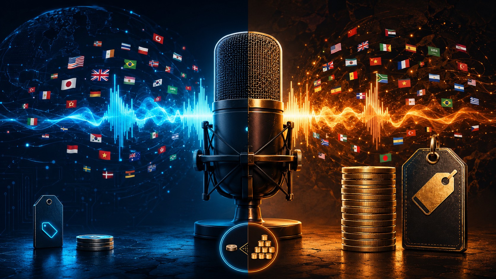 Fish Audio S2.1 Pro: voz IA 11x más barata que ElevenLabs - A studio microphone with a glowing sound waveform coming out of it, split down the middle: