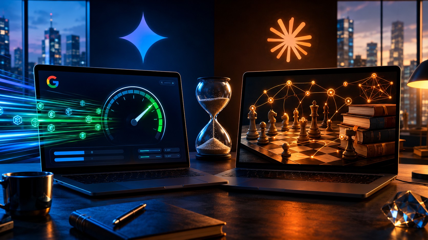 Gemini 2.5 vs Claude Api: comparativa completa - Dos laptops abiertas sobre escritorio ejecutivo. Pantalla izquierda (Gemini): interfaz minimalista Go