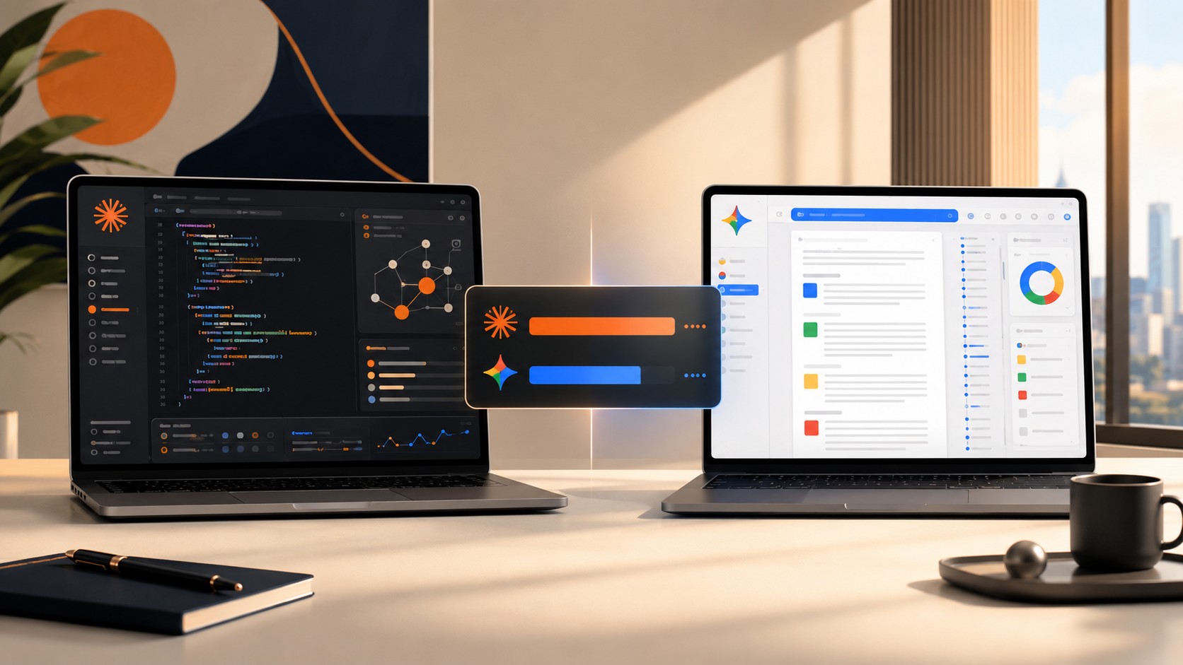 Google vs Anthropic / Claude: comparativa completa - Dos laptops profesionales lado a lado sobre escritorio minimalista iluminado. Pantalla izquierda