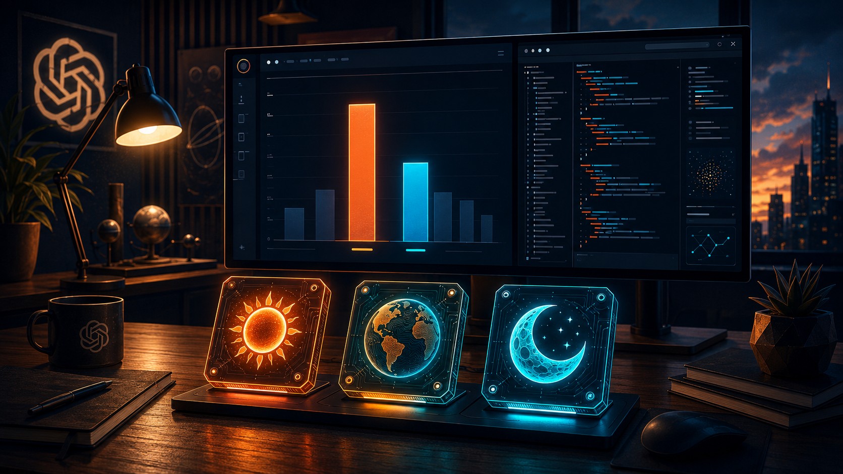 GPT-5.6 OpenAI: Sol, Terra y Luna, qué cambió - Three glowing AI model chips labeled Sol, Terra and Luna lined up on a developer desk, next to a monit