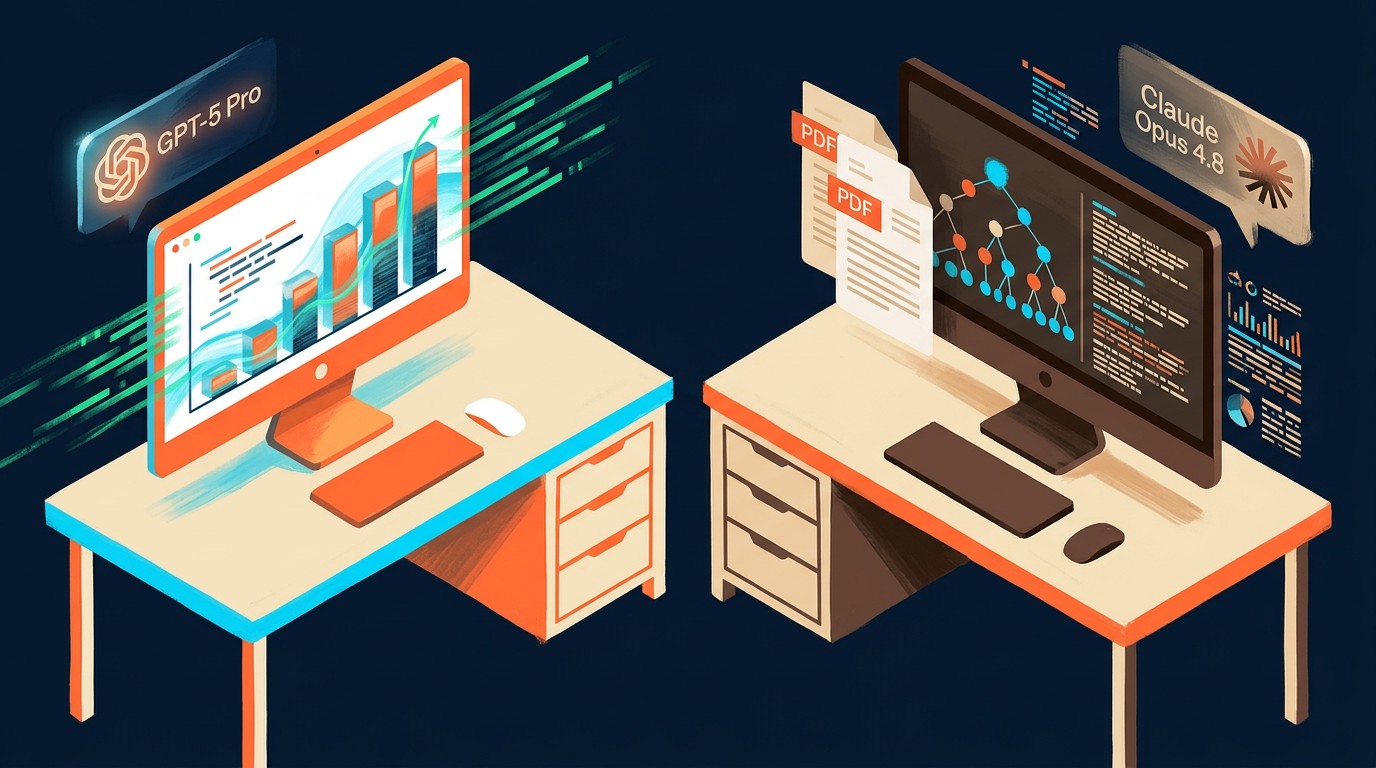 Gpt-5 vs Claude 3: comparativa completa - Dos escritorios de programador enfrentados en perspectiva isométrica. Izquierda: monitor OpenAI naranja-blan