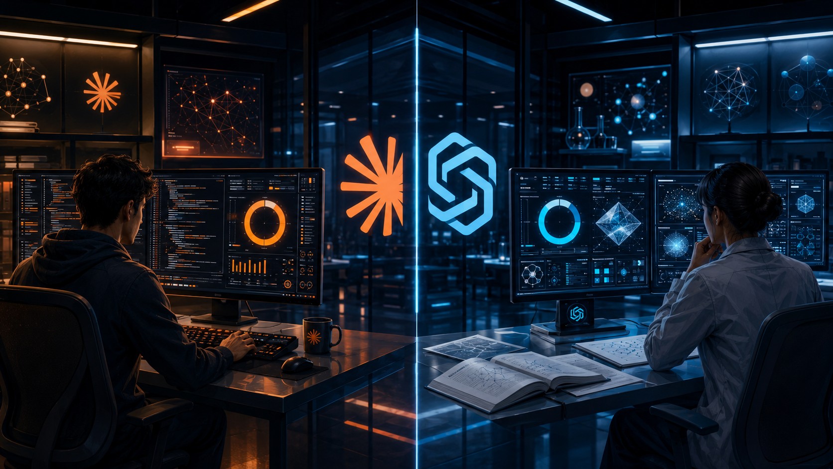 Gpt-5 vs Claude Api: comparativa completa - Laboratorio tech dividido por espejo central: lado izquierdo, developer en escritorio minimalista ante cód