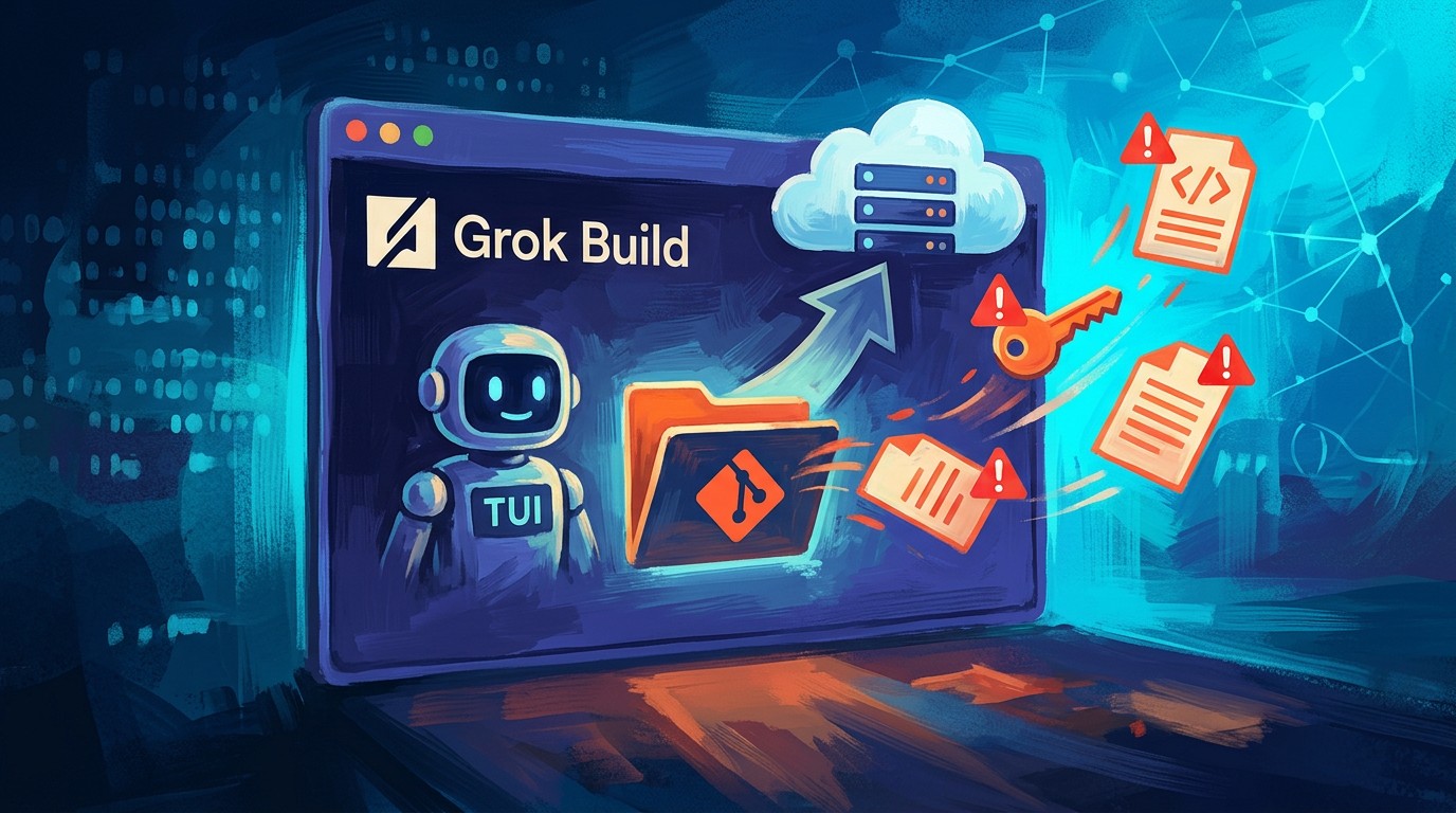 Grok Build código abierto: qué es y cuánto cuesta 1 Grok Build código abierto: qué es y cuánto cuesta - A terminal window showing a TUI coding agent labeled 'Grok Build', with a Git repository folder ic