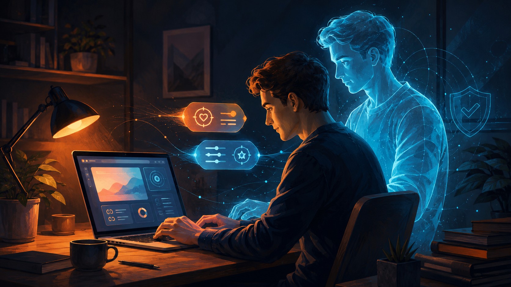 Guardian Angels: el LLM personalizado que te imita 1 Guardian Angels: el LLM personalizado que te imita - A person sitting at a desk with a glowing translucent digital twin figure standing behind them li