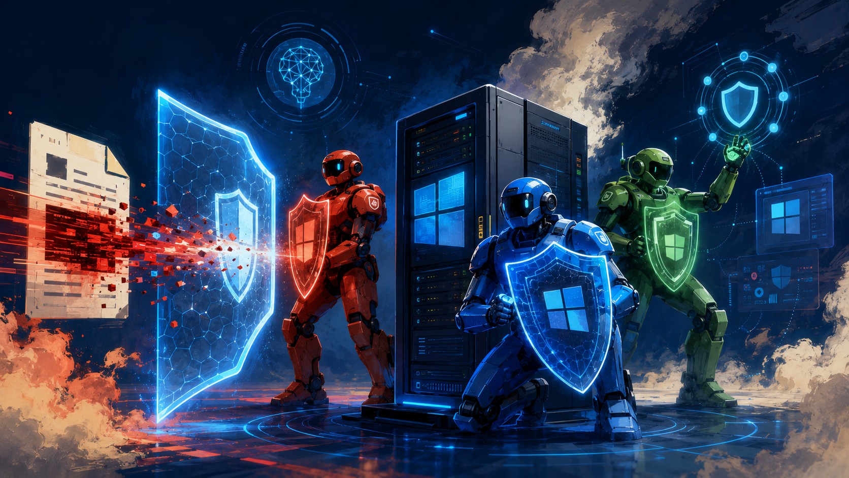 Herramientas seguridad IA de Microsoft: qué presentó en 2026 - Three robot security agents colored red, blue and green standing around a Microsoft Win