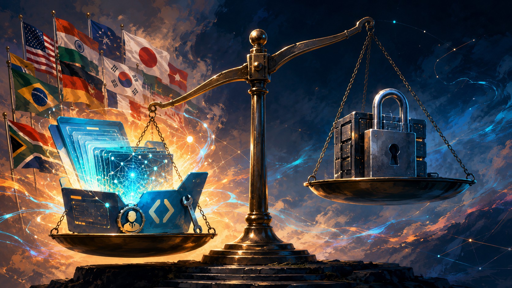 IA open source 2026: los modelos abiertos ya ganaron - A physical scale balance where the left pan holds an open glowing model file labeled 'weights'