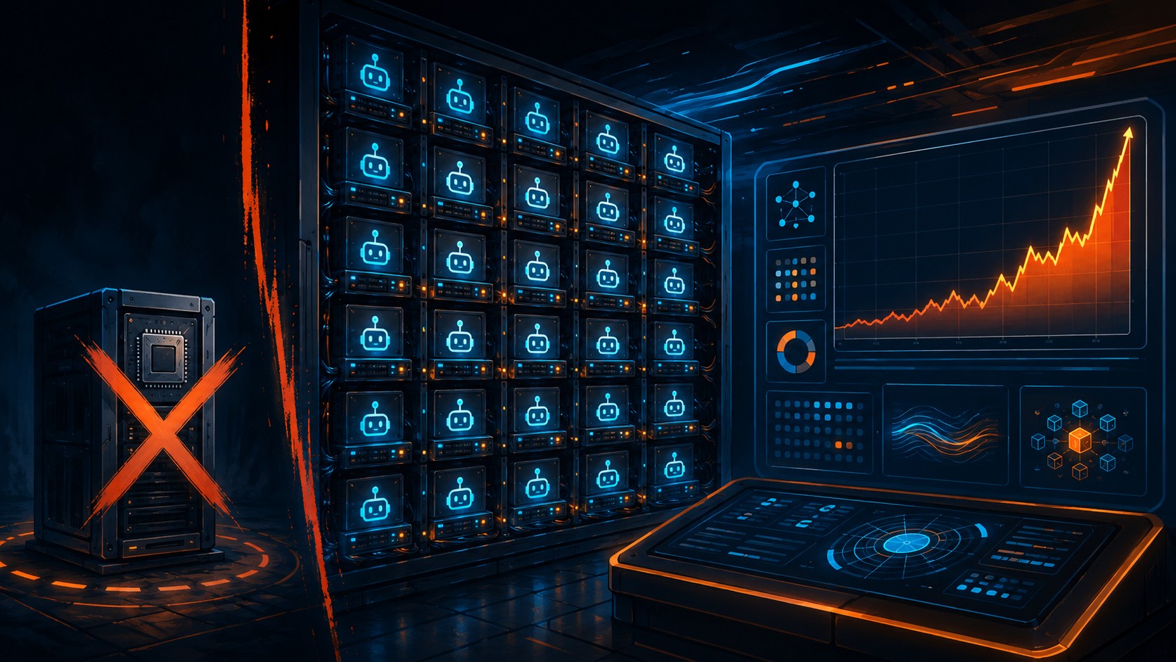 Infraestructura agentic AI: 5 lecciones de Intel - A server rack with many small glowing robot-agent icons spread across multiple nodes labeled vCPU,