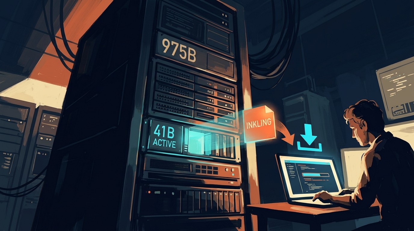 Inkling: el modelo abierto de 975B de Mira Murati 1 Inkling: el modelo abierto de 975B de Mira Murati - A giant server rack labeled '975B' with only a small glowing section labeled '41B ACTIVE' lit up w