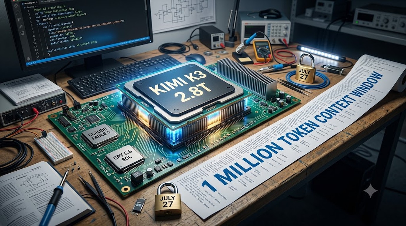 Kimi K3: el modelo IA open source más grande del mundo 1 Kimi K3: el modelo IA open source más grande del mundo - A massive glowing server chip labeled 'Kimi K3 2.8T' sitting on a developer workbench, dwarfi