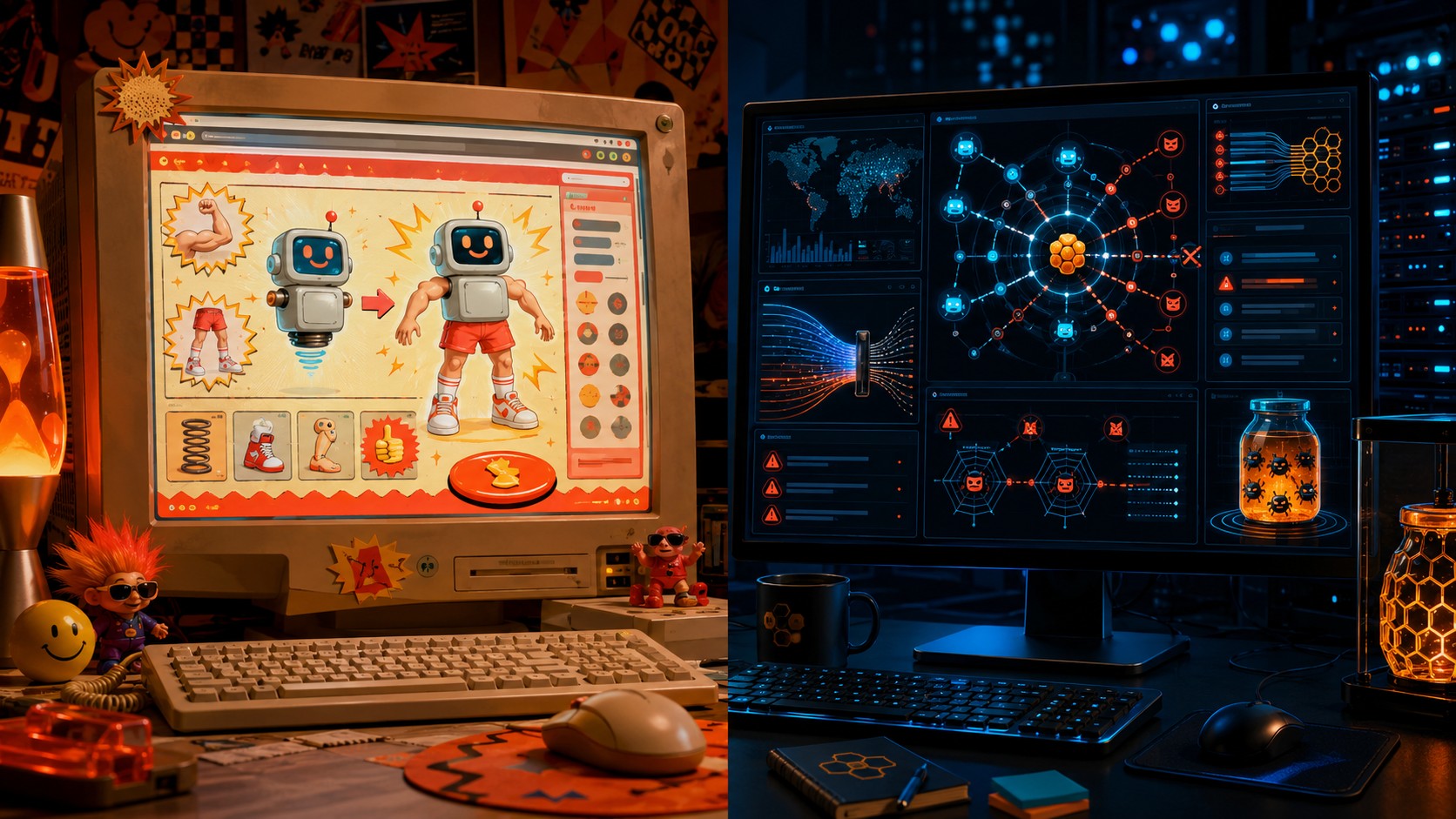 LLM Honeypot: la trampa real vs la parodia LLM2Human - A split-screen desk scene: on the left a garish 1990s-infomercial webpage titled 'LLM2Human Cli