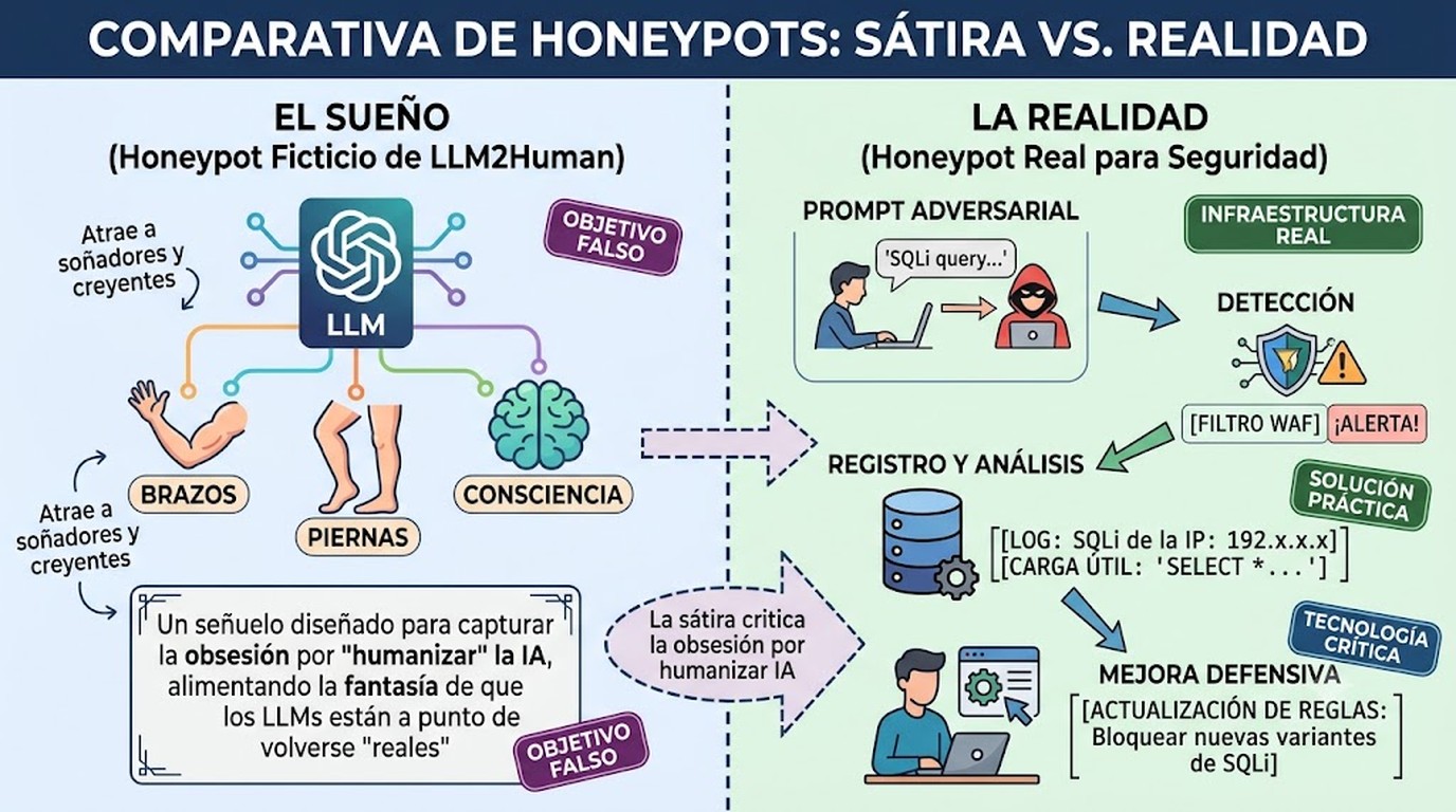 LLM Honeypot: la trampa real vs la parodia LLM2Human 2 llm honeypot diagrama explicativo