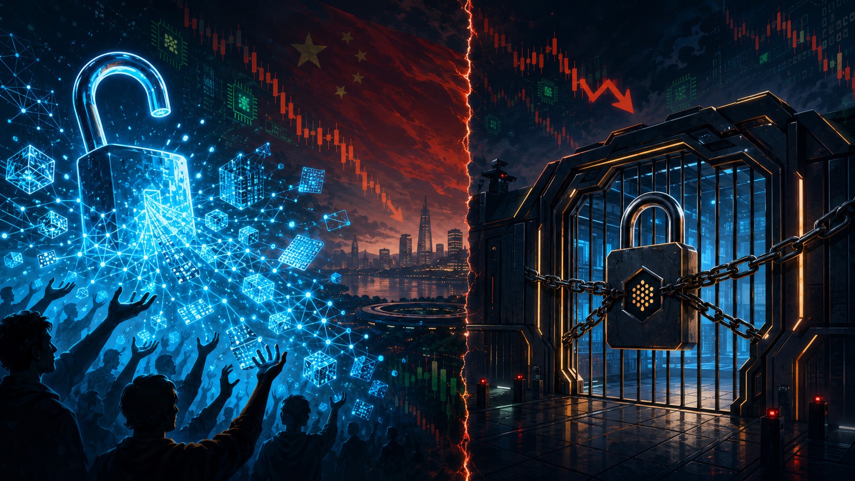 Modelos open-weight: por qué OpenAI los ve peligrosos 1 Modelos open-weight: por qué OpenAI los ve peligrosos - A dramatic split-screen: on the left, a glowing open padlock with neural network weights spill