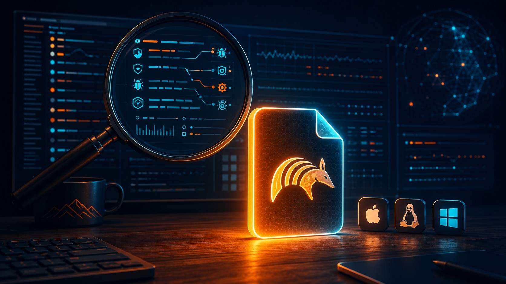Numbat: herramientas seguridad agentes IA - A single glowing executable binary file icon labeled 'numbat' sitting on a developer desk, with three smal