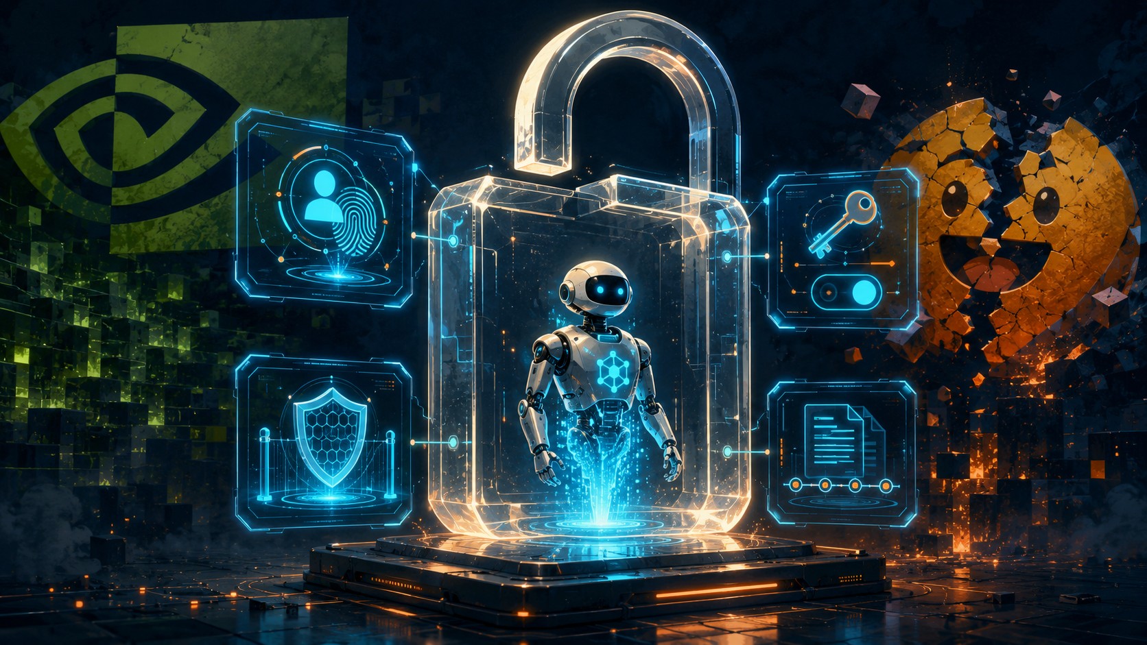La alianza de NVIDIA para asegurar agentes de IA - A glowing autonomous AI agent robot figure locked inside a transparent open-padlock-shaped containm