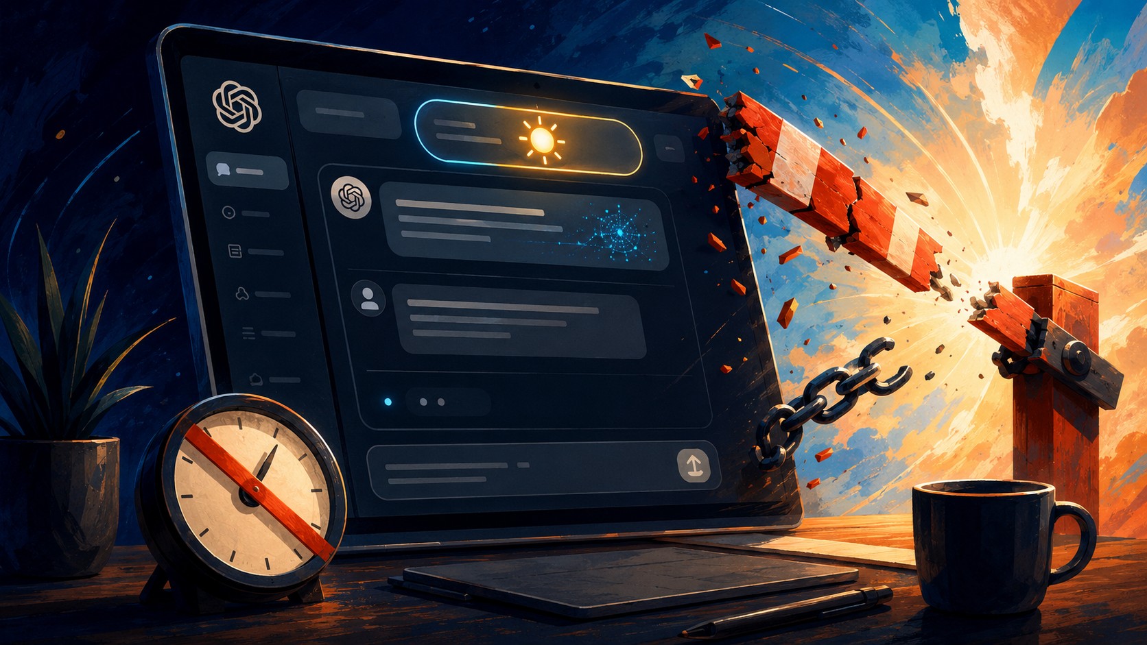 OpenAI quita límites a GPT-5.6 Sol de forma temporal - A ChatGPT interface showing a GPT-5.6 Sol model selector with a sun icon, and a broken red 'usa