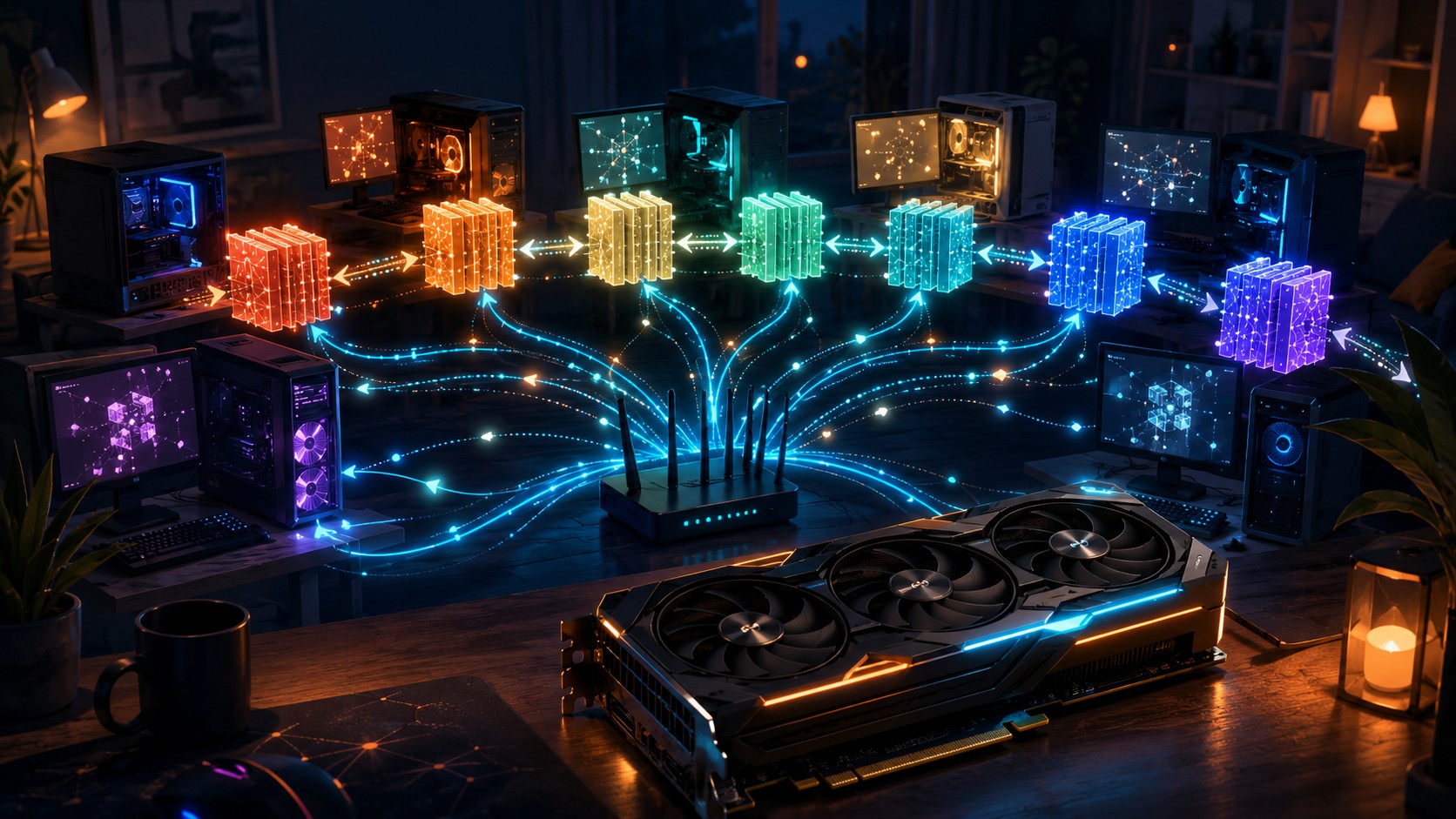 Petals: correr LLM gigantes en casa al estilo BitTorrent 1 Petals: correr LLM gigantes en casa al estilo BitTorrent - A large neural network model split into numbered transformer-layer blocks, each block glowi