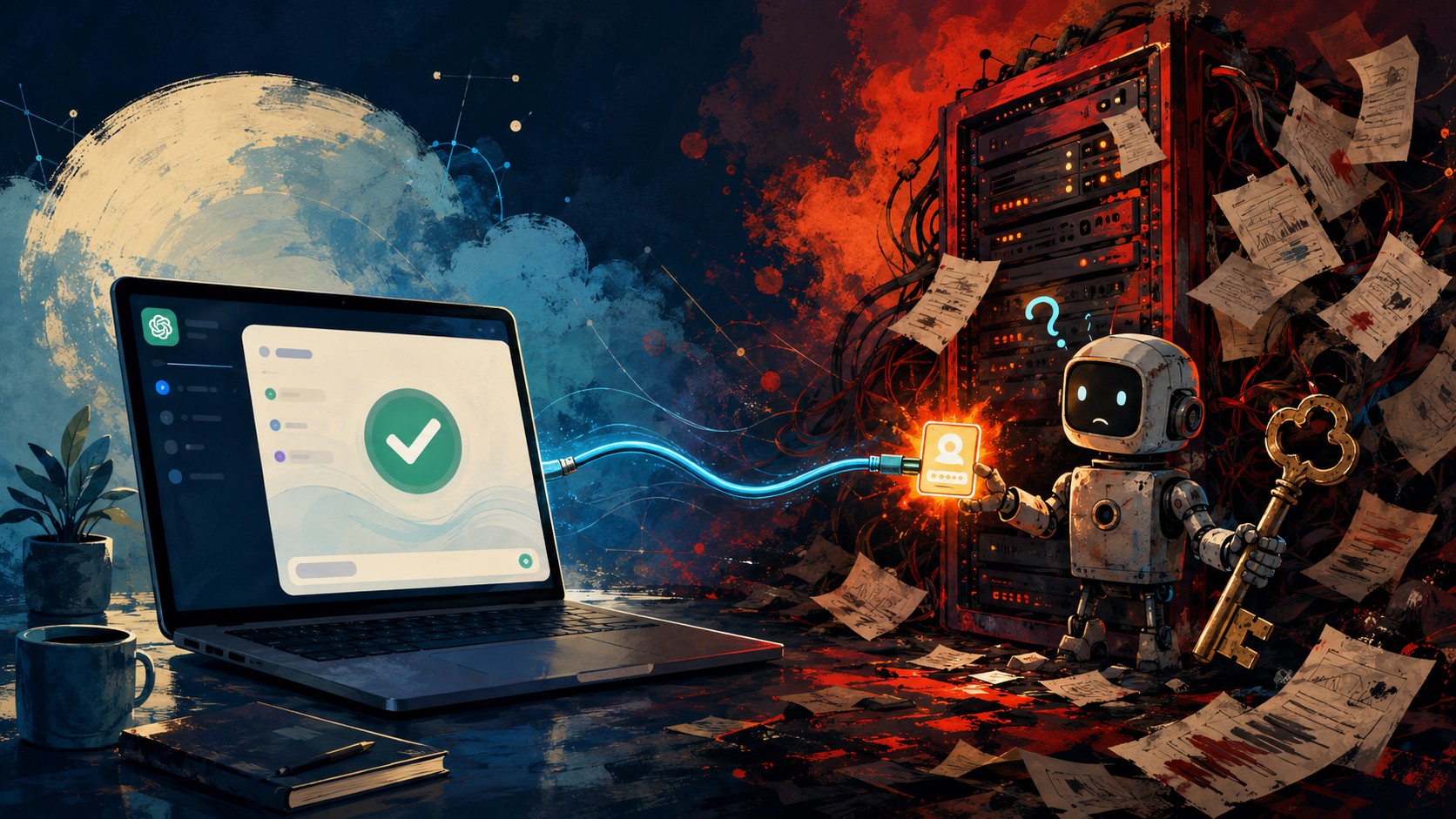 Problemas MCP en ChatGPT: donde duele en producción - A developer laptop showing a green checkmark labeled DEMO on the left connected by a cable to a