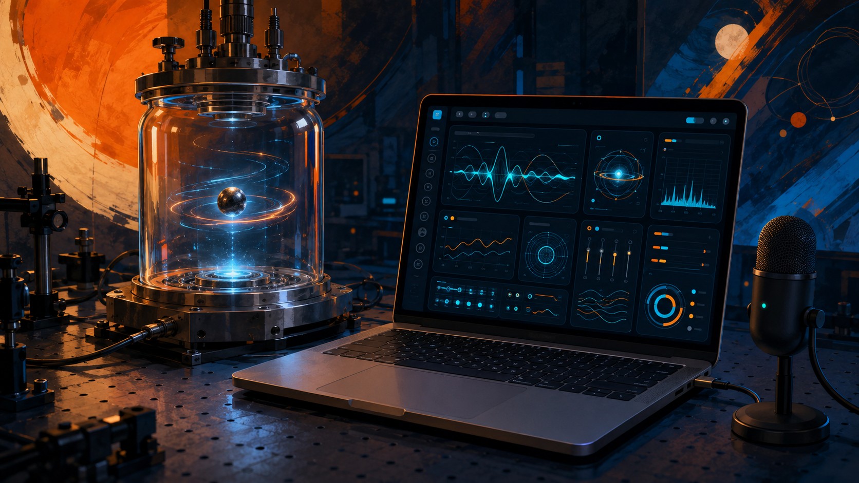 Rotor levitado diamagnético: 10 horas de giro 1 Rotor levitado diamagnético: 10 horas de giro - A tiny glowing graphite sphere levitating and spinning inside a glass vacuum chamber on a laboratory o