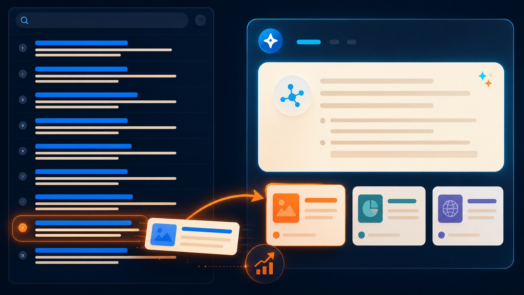 SEO para agentes de IA: resultados reales en 3 semanas 1 SEO para agentes de IA: resultados reales en 3 semanas - A search results page splitting into two panels: on the left, ten blue-link listings; on the