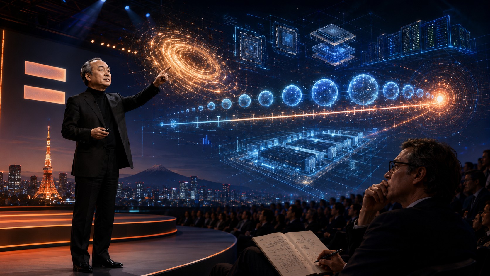 SoftBank: inversión IA 5 billones anuales para 2040 1 SoftBank: inversión IA 5 billones anuales para 2040 - Masayoshi Son on stage at SoftBank World 2026 in Tokyo, pointing at a holographic projection sho