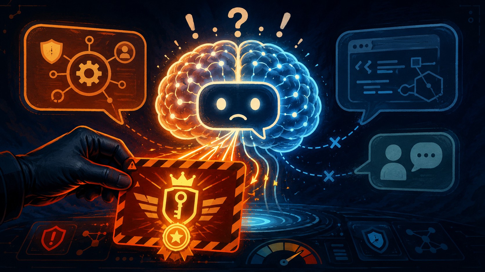 La falla de raiz que deja a todos los LLM vulnerables - A large language model chatbot brain unable to tell which of three speech bubbles is the real