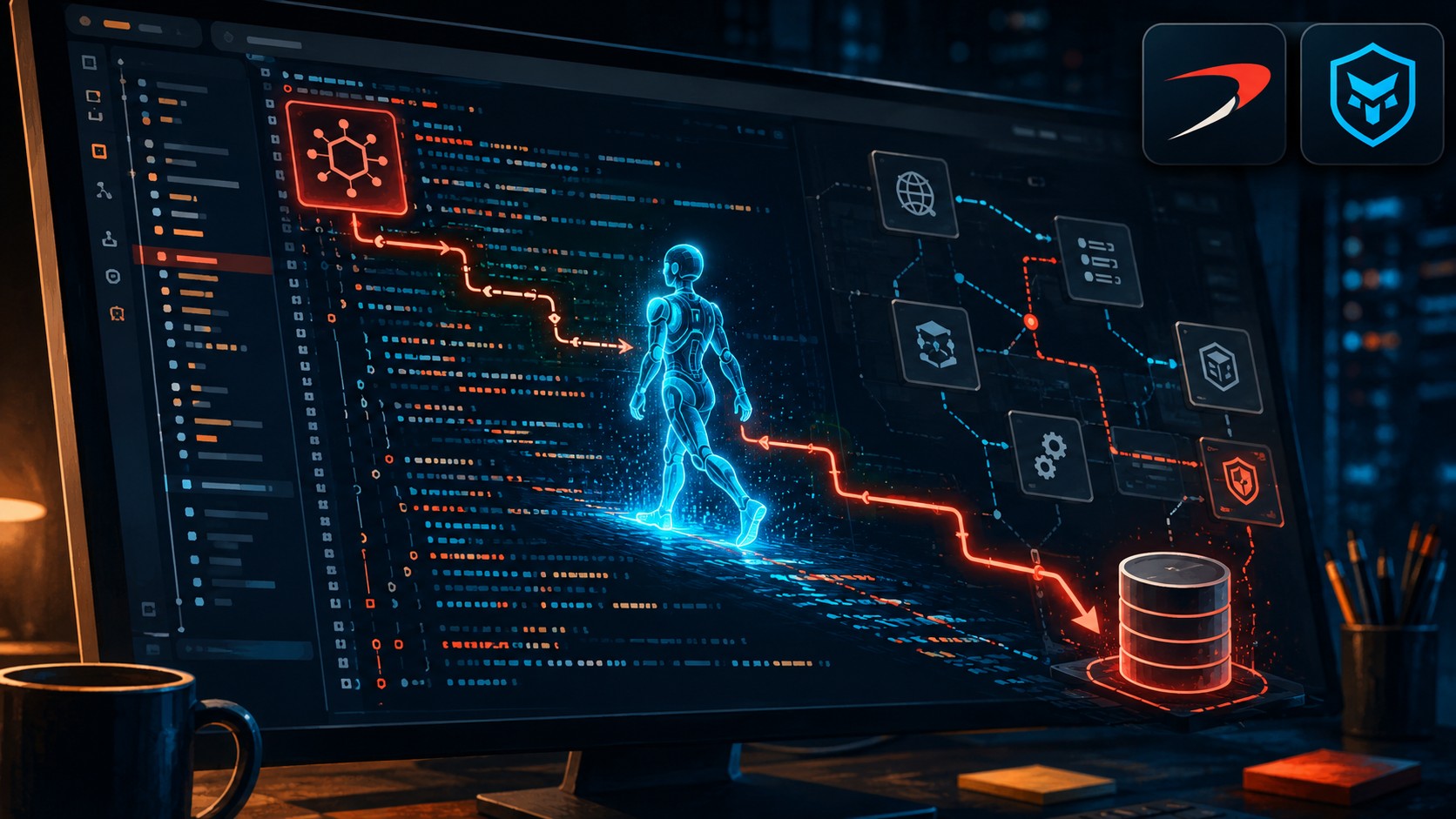 VulnHunter: la IA de Capital One que caza bugs de seguridad - A source code file on a monitor with a glowing AI agent figure walking along the code li