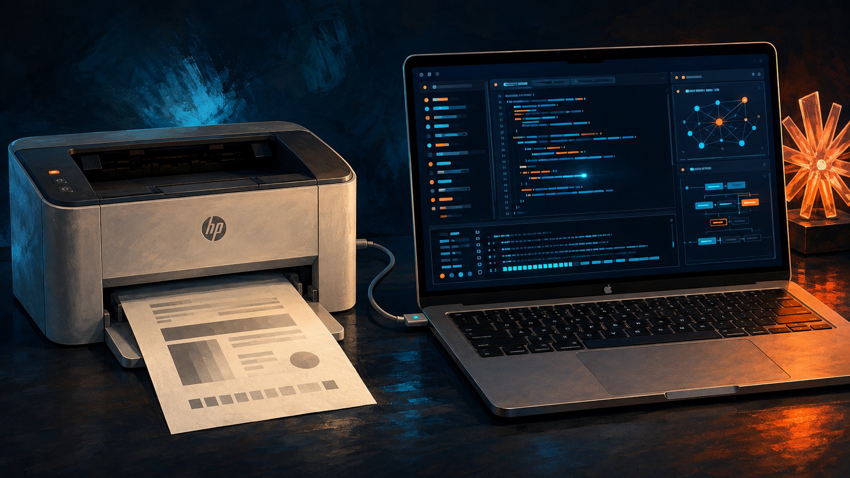 Claude escribió un driver de macOS para una impresora HP 1 Claude escribió un driver de macOS para una impresora HP - An HP Laser 1008a office printer connected to a silver Apple Silicon MacBook, with a termin